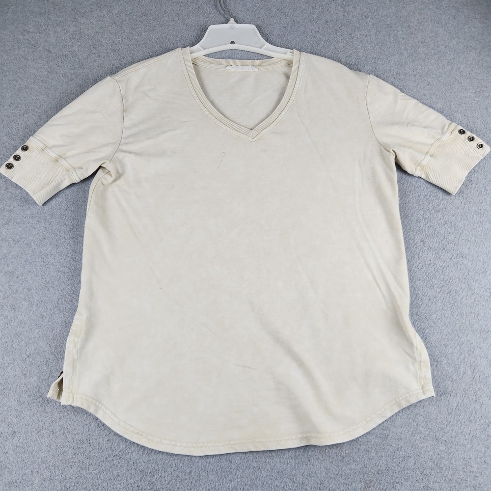 Jane + Delancey Shirt Top Womens M Cream Short Sleeve Curved Hem V Neck Pullover
